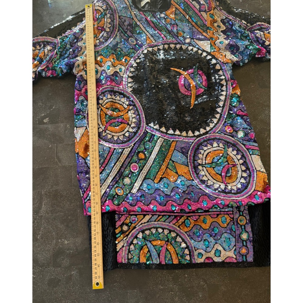 Judith Ann Creations Vintage Sequin Wearable Art Deco Mini Statement Dress Silk - Picture 13 of 16